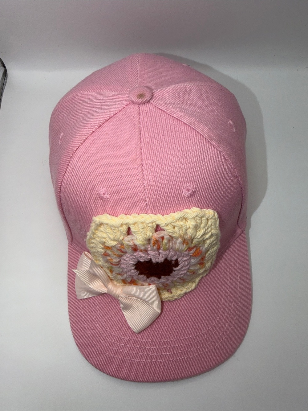 Handmade Pink Sunflower Crochet Baseball Cap Bow Coquette Granny Square Hat - Picture 4 of 8